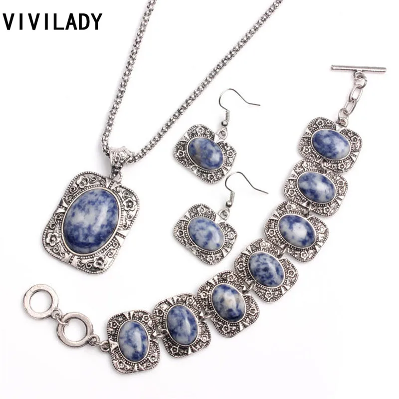 

VIVILADY 3pcs Vintage Silver Color Jewelry Sets Women Natrual Sodalite Stone Flower Pebble Necklace Bracelet Earrings Party Gift