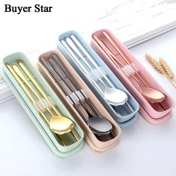

Portable Silverware Wheat Box Travel Camping Cutlery Rose Gold Tableware Stainless Steel Gold Dinnerware Outdoor Dinner Set