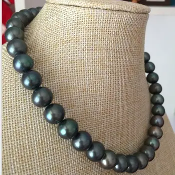 

9-10mm stunning tahitian black gren pearl necklace 18inch 925silver