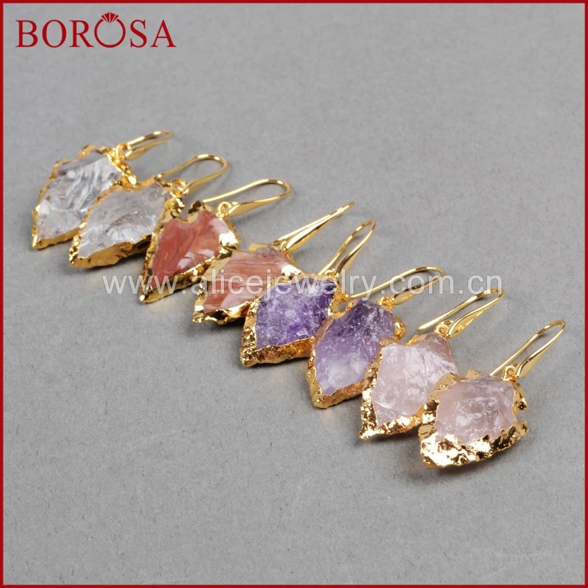 

BOROSA Rough Multi-Kind Stone & Quartz Arrowhead Charm Dangle Earrings Druzy Stone Earring Drop Earrings for Women G0756