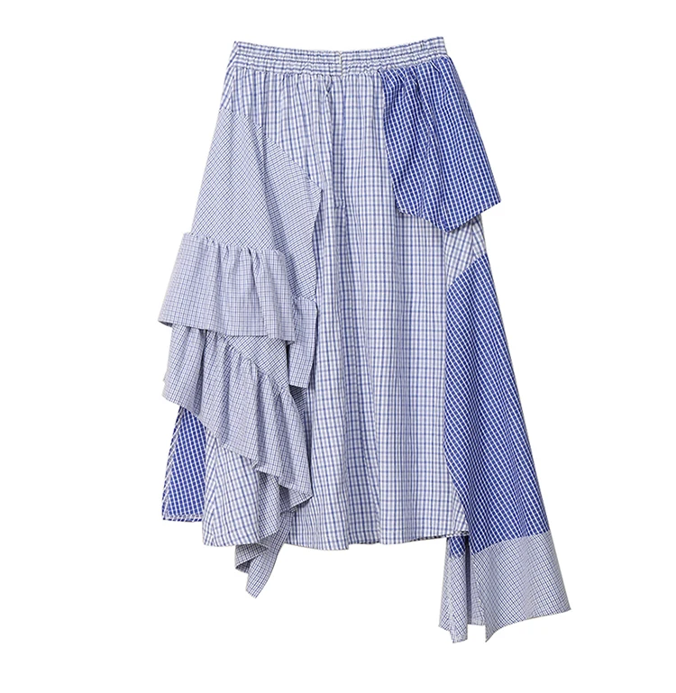 Korean Style Women Summer Asymmetrical Blue Striped Casual Skirt Ruffles Elastic Waist Ladies Stylish Skirt Robe Femme 5243