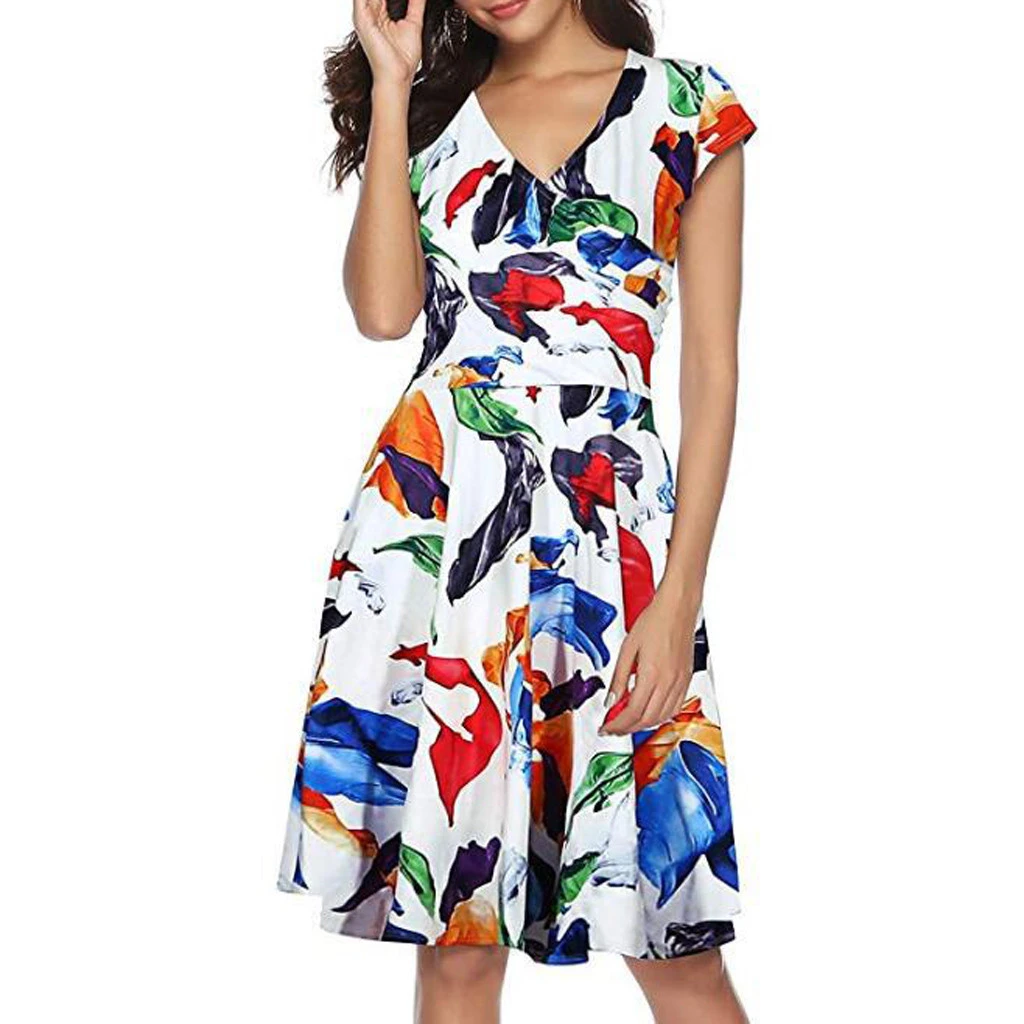 Dresses for Women V Neck Floral Printed Swing Dress Summer Casual Half Sleeve Mini Dress Sundress