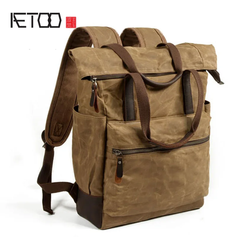 

BJYL Men's waterproof oil wax canvas bag casual large capacity backpack retro fold mountaineering bag