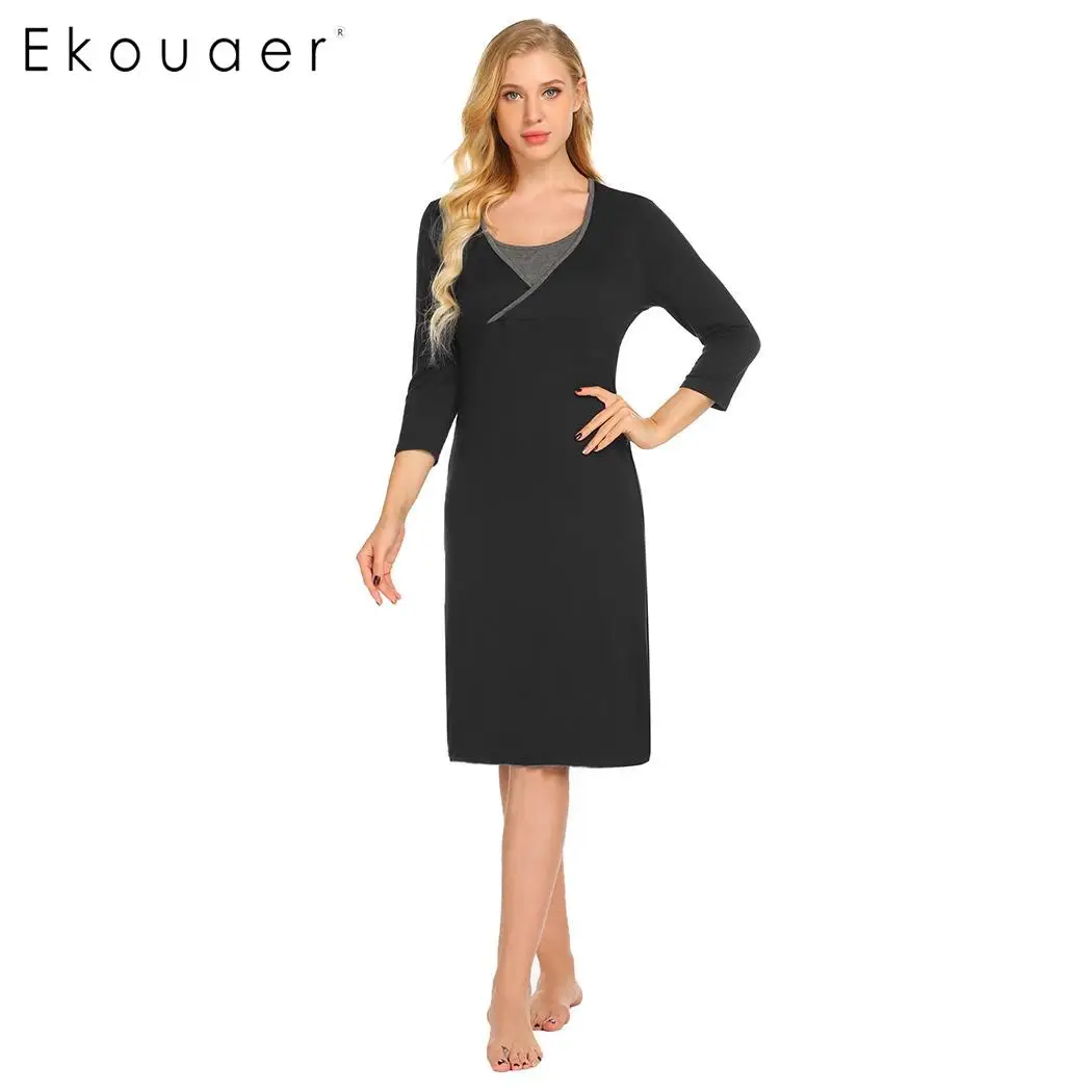 Black Ekouaer Повседневная Ночная сорочка, ночная рубашка для женщин, ночная рубашка с рукавом три четверти и круглым вырезом, свободная, для кормления грудью, мягкая ночная рубашка - Цвет: Black