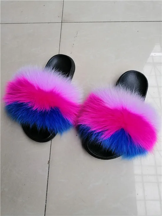 COOLSA Hot Women's Striped Plush Fur Slippers Super Fluffy Furry Fox Fur Slides Travel Quick Drying Beach Flip Flops Plus Size - Цвет: as picture shows