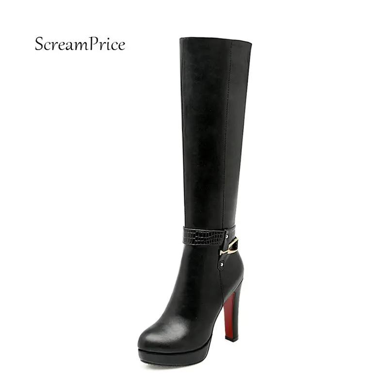 

Women Square High Heel Platform Knee High Boots Winter Fashion Buckle Side Zipper Shoes Woman Apricot White Black