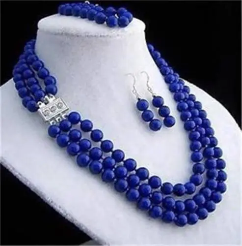 

free shipping>>> 3 rows 8mm lapis lazuli necklace bracelet earring sets