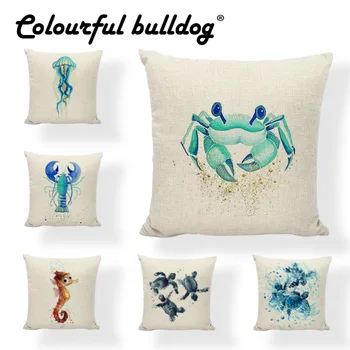

Marine Life Cushion Cover Crab Jellyfish Shrimp Octopus Starfish Sea Turtle Coastal Home Sofa Room Decoration Pillowcase 45*45cm