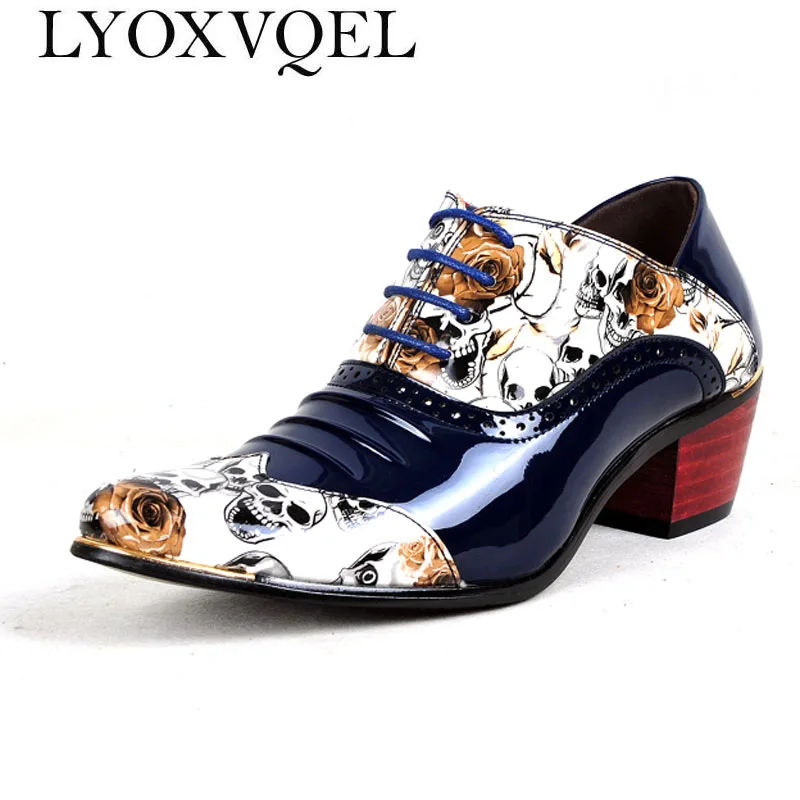 

New Fashion Mid Heel Patent Leather Pointed Oxfords Shoes Men Skull Pattern Party W Shoes Men's Dress Shoes M396