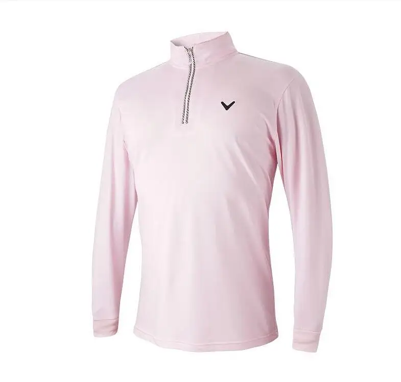 Новая весенняя и Летняя мужская с высоким воротником Половина на молнии с длинными рукавами футболка для гольфа анти-пиллинг сплошной цвет гольф спортивная одежда - Цвет: Розовый