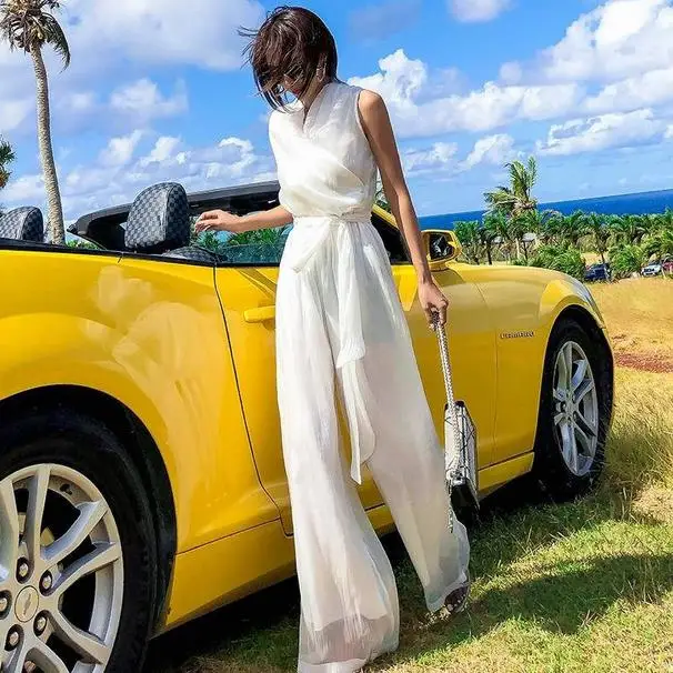 

Sleeveless Shirt Tops Wide Leg Pants Suits Female Sleeveless V Neck Lace up Blouse Women High Waist Pants Two Piece Sets AE611