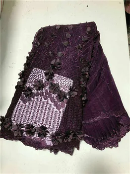 

Stylish French Net Lace Noble Gold 3D Flower Fabrics For Party High Quality African Tulle Lace Fabric With Beads purple green