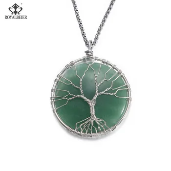

ROYALBEIER Creative Round Shaped Crystal Natural Stone Tree of Life Pendant Necklaces High Quality Long Chain Necklace For Women