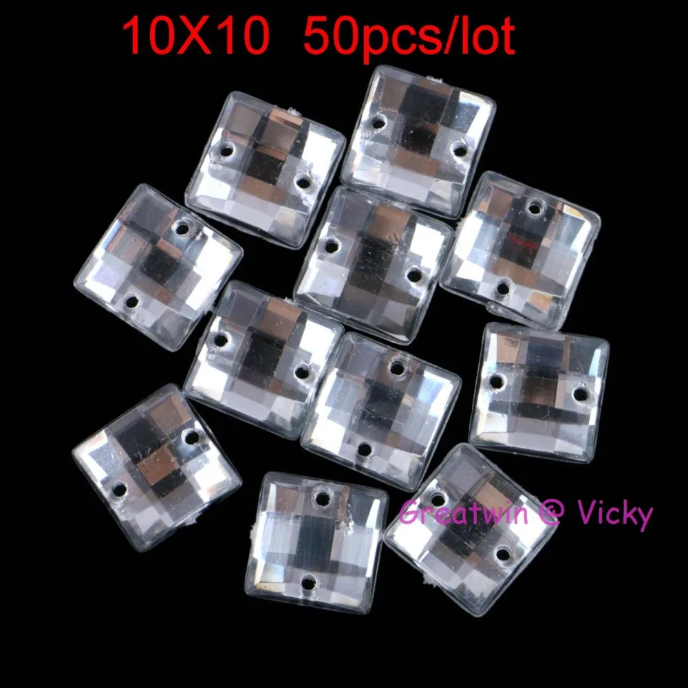 10x10mm Acrylic Clear Crystal Sew On Crystals 2 Holes Square Sew On