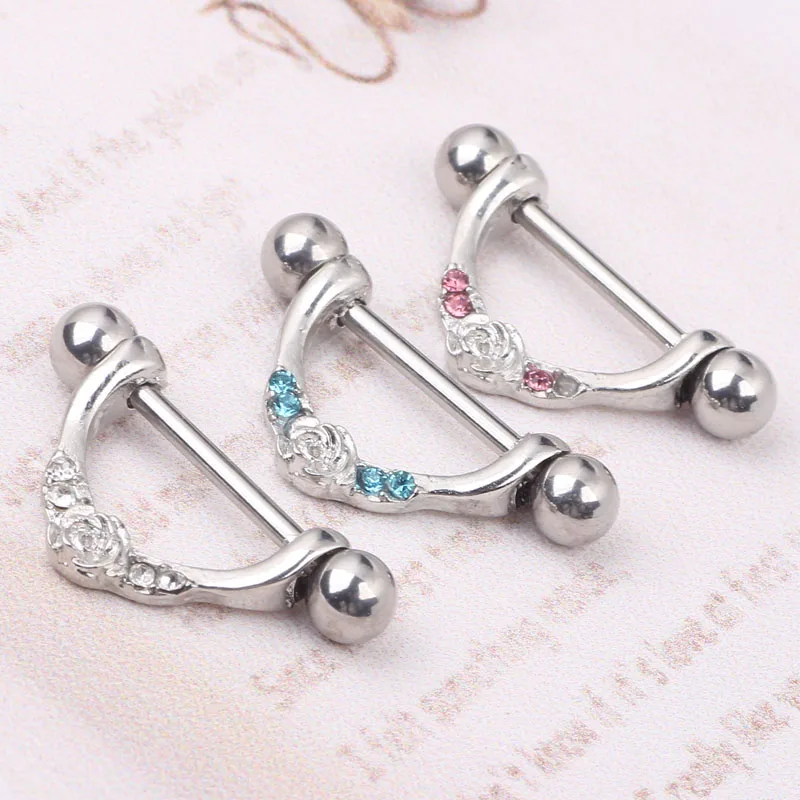 

Hot 2Pcs Alloy Silver Crystal Rose Wings Body Nipple Bar Barbell Piercing Ring