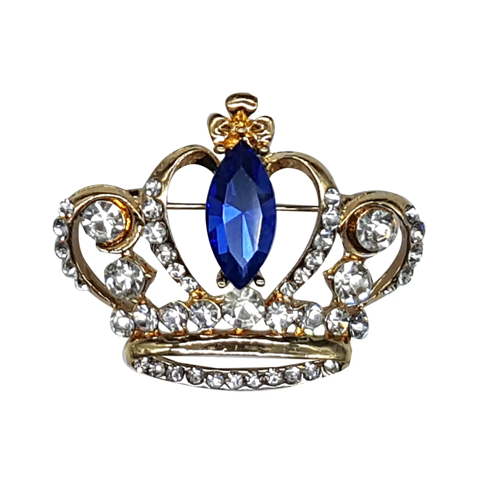 Fine Jewelry Gold Tone Crown Brooch with Royal Blue Crystal Wholesale