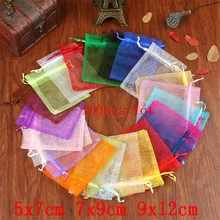 100 шт./лот, 5x7 7x9 9x12 см, маленькие вечерние сумки из органзы, свадебные украшения, упаковка для ювелирных изделий, сумки для подарков, 20 цветов