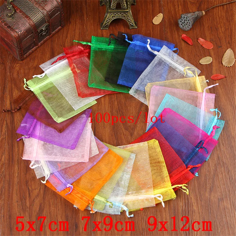 

100pcs/lot 5x7 7x9 9x12cm Small Organza Bags Party Wedding Decoration Jewelry Packaging Bags Drawable Gift Bag Pouches 20 colors