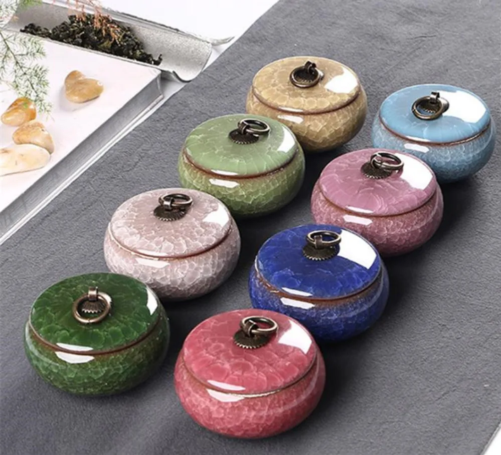 

Chinese Retro Ice Crack Tea Caddies Ceramic Tin Small Powder Storage Tank Antique Colorful Tea Jar Teaware Set Accessories