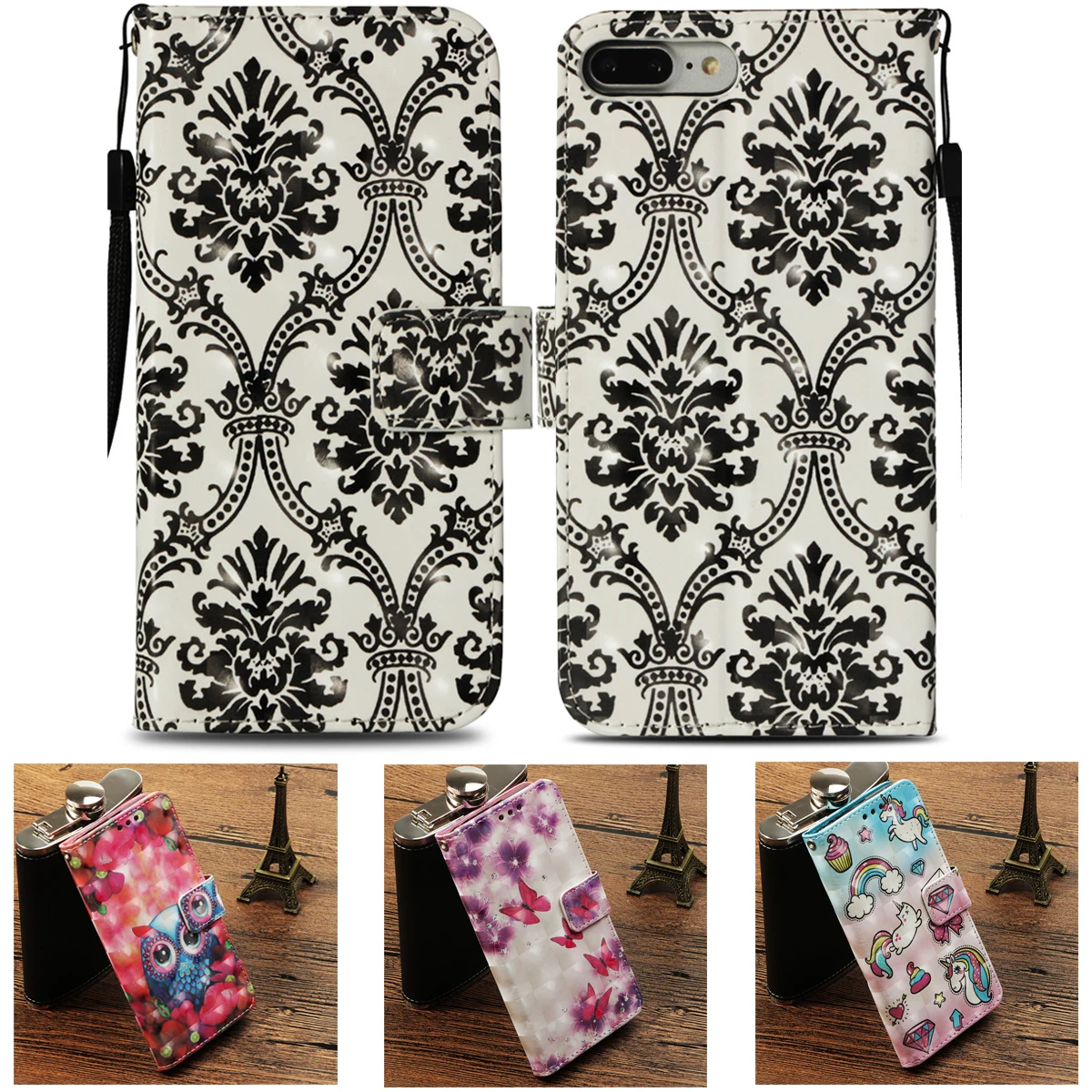 

Luxury Flip Wallet for IPhone 7 8 Book Flip Phone Iphone7 8Plus Leather I7plus I8plus Pu Painted Holder Stander Protective Case