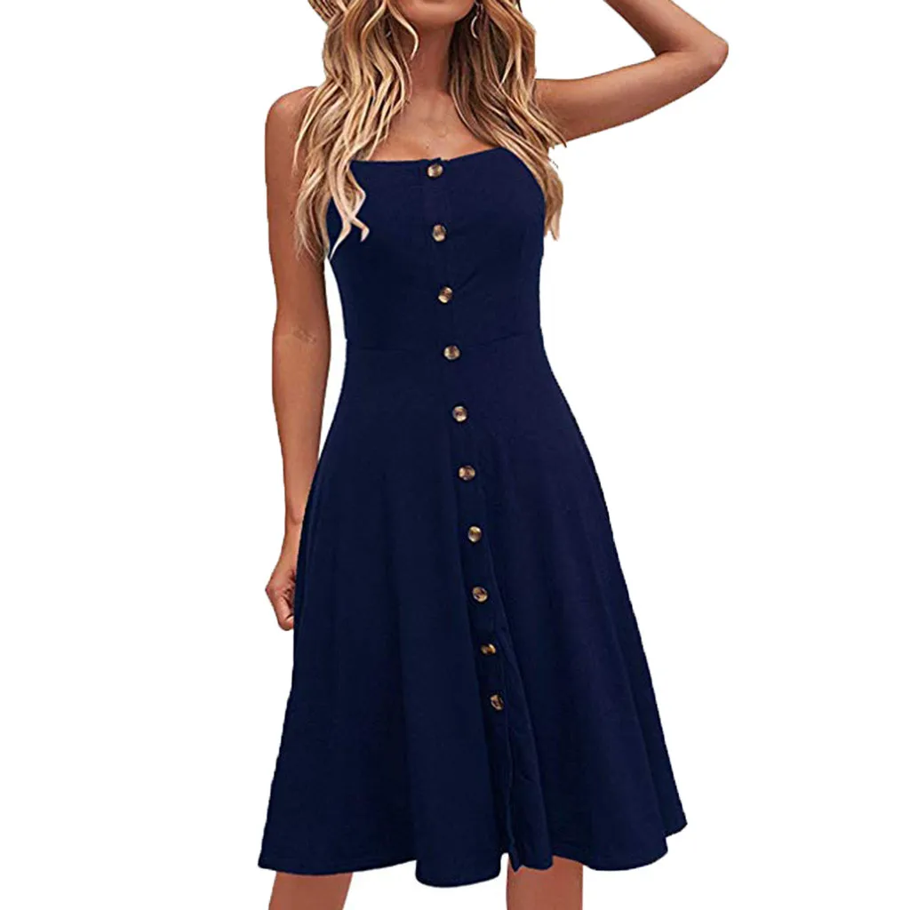 

JAYCOSIN Women DRESS summer plus size Casual cool Solid Casual Button Dress Sleeveless Loose Party beach Long vestido 329