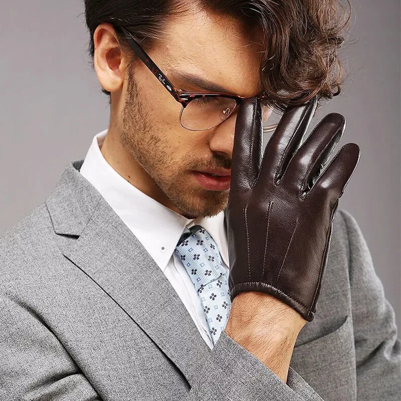 Sheepskin Gloves Men Fashion Genuine Leather Gloves Thin Warm in Winter