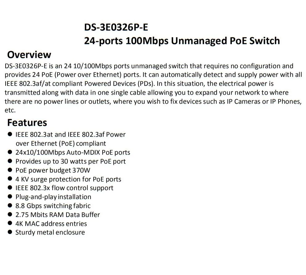 Switch de Rede Hik com Logotipo Lan Swtich Ds-3e0105p-e Ds-3e0109p-e Ds-3e0318p-e Ds-3e0326p-e 4ch 8ch 16ch 24ch Poe 8 LAN POE Swtich