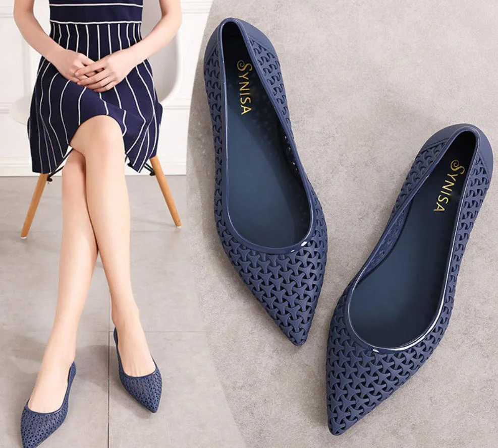 

New style pointed flat sandals for women summer weave hollow jelly shoes soft plastic beach shoes woman's holiday single shoes