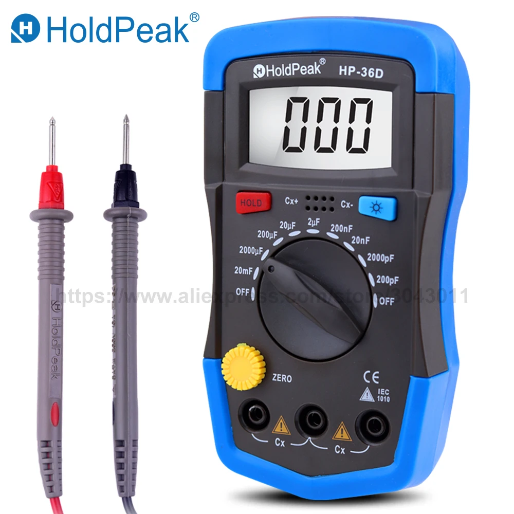 HoldPeak цифровой измеритель емкости тестер ЖК-мультиметр 0.1pF-20000 мкФ с задней светильник HP-36D