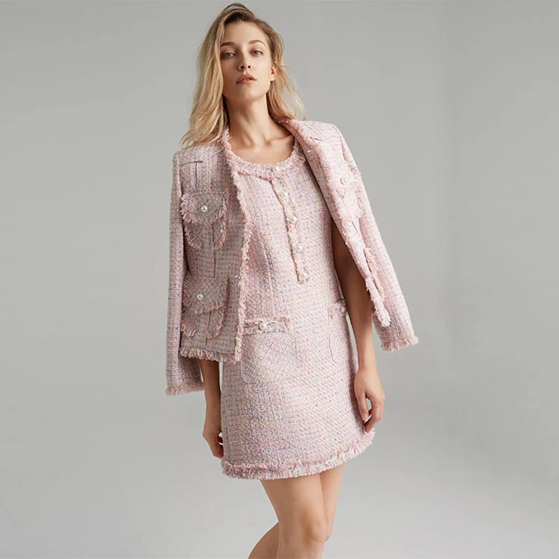 

European American Elegant Women Spring Autunmn Two Pieces Dress Sets Slim Jacket Sleeveless Mini Dress Pink Sweet Suits