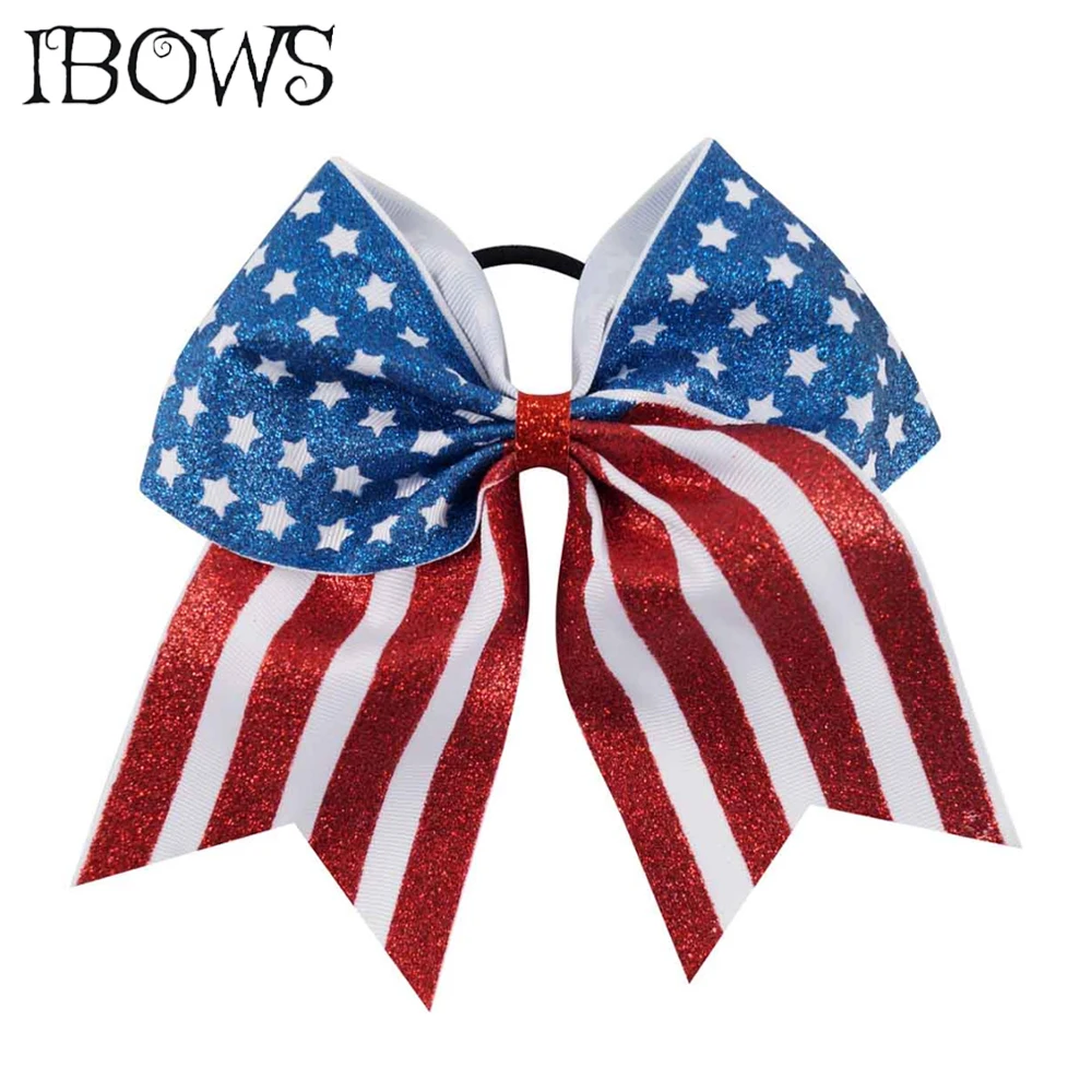 

7'' Print Glitter 4th Of July Cheer Bow With Elastic For Kid Girl American Flag Star Cheerleading Hair Accessories