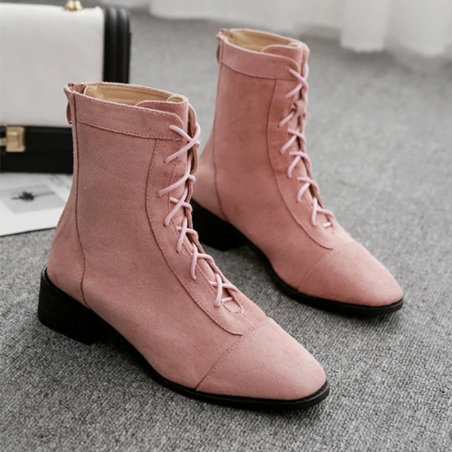 Boussac Faux Suede Pink Martin Boots Women Lace up Short Ankle Boots