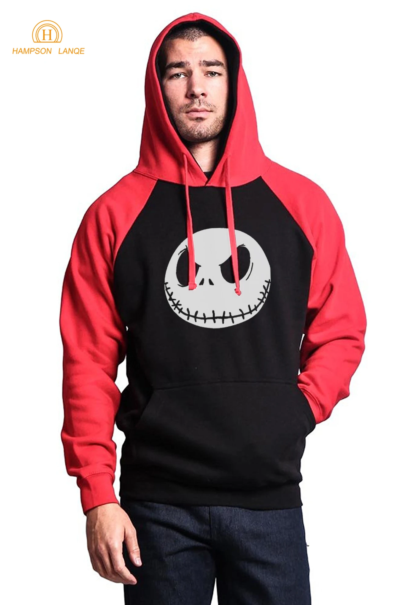 

HAMPSON LANQE Nightmare Before Christmas Jack Skellington Hip Hop Raglan Hoodies Men 2019 Autumn Winter Fleece Punk Sweatshirt