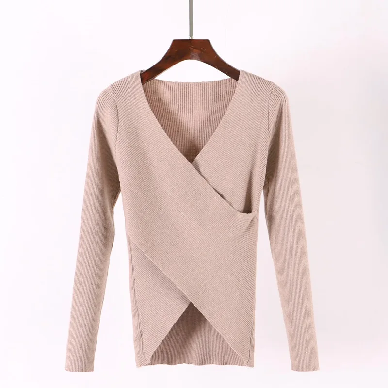 ONLYSVTER Sexy V Neck Wrap Women Pullover Sweaters Autumn Winter Long Sleeve Soft Casual Jumper Ribbed Knitted Pull Top Femme - Цвет: Khaqi 1202