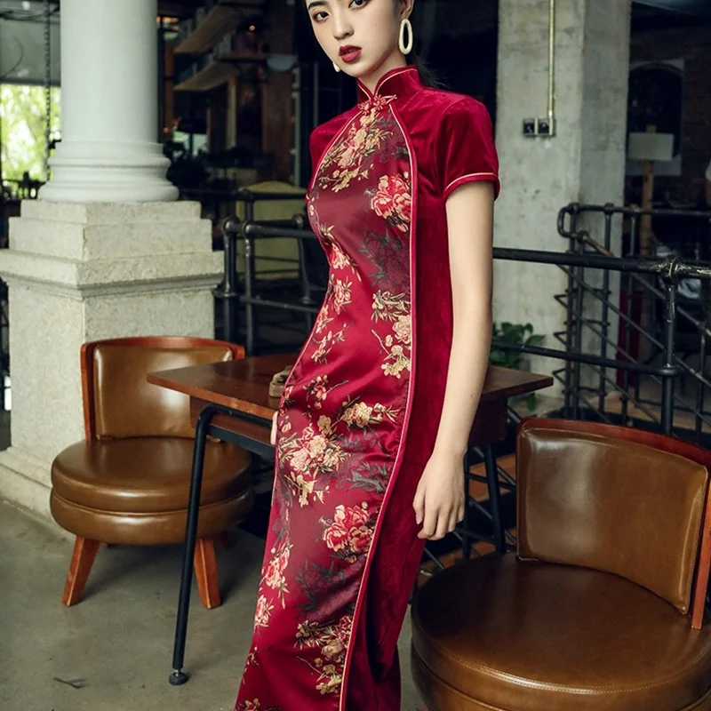 Китайское стильное платье Cheongsam Qipao бархатное лоскутное платье с разрезом миди элегантные китайские платья вино сексуальное восточное платье FF1751