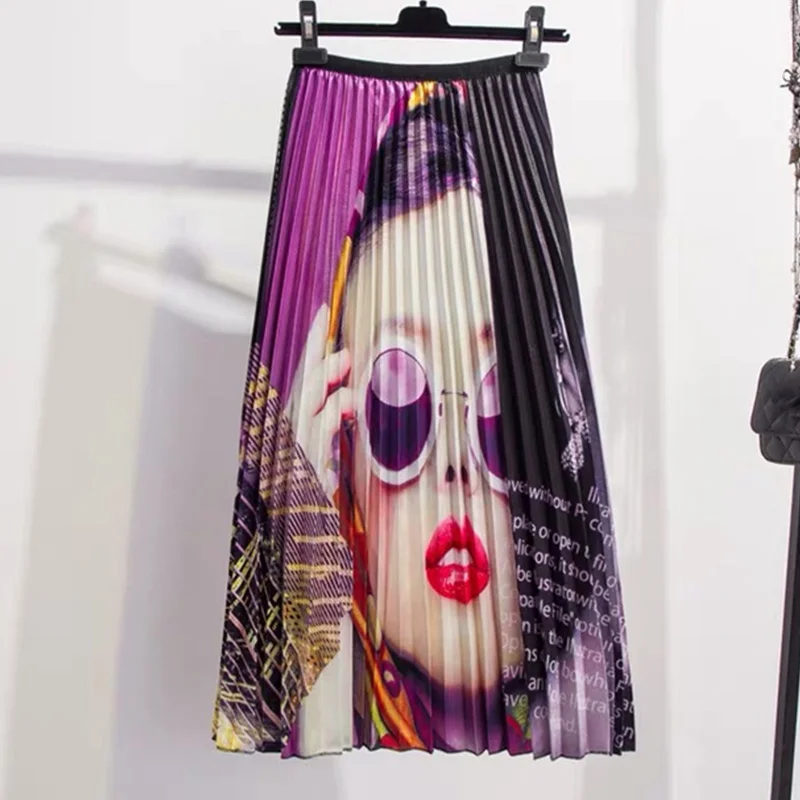 High Waist Pleated Character Print Women s Skirt Long Patchwork Pattern High Street Skirts 2019 Summer Fashion Clothes Female