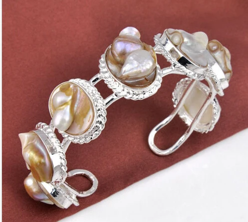 

001897 Multi-Gems Woman Silver Plated Natural conch Shell Bangle Bracelet