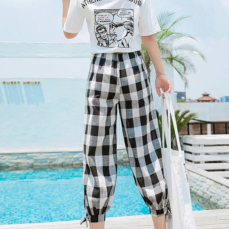 

Hot 2019 Korean Style Women's Casual Loose Plaid Print Lace Up High Waist Long Harem Pants