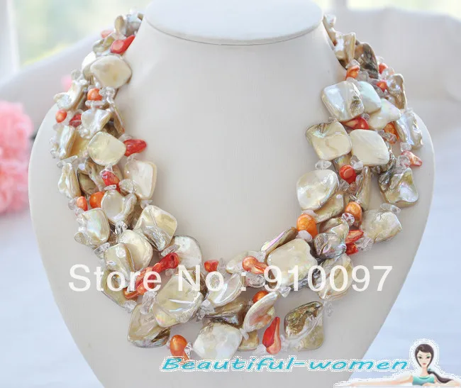 

free shipping >>>5row 19" white shell red pearl Transparent crystal necklace