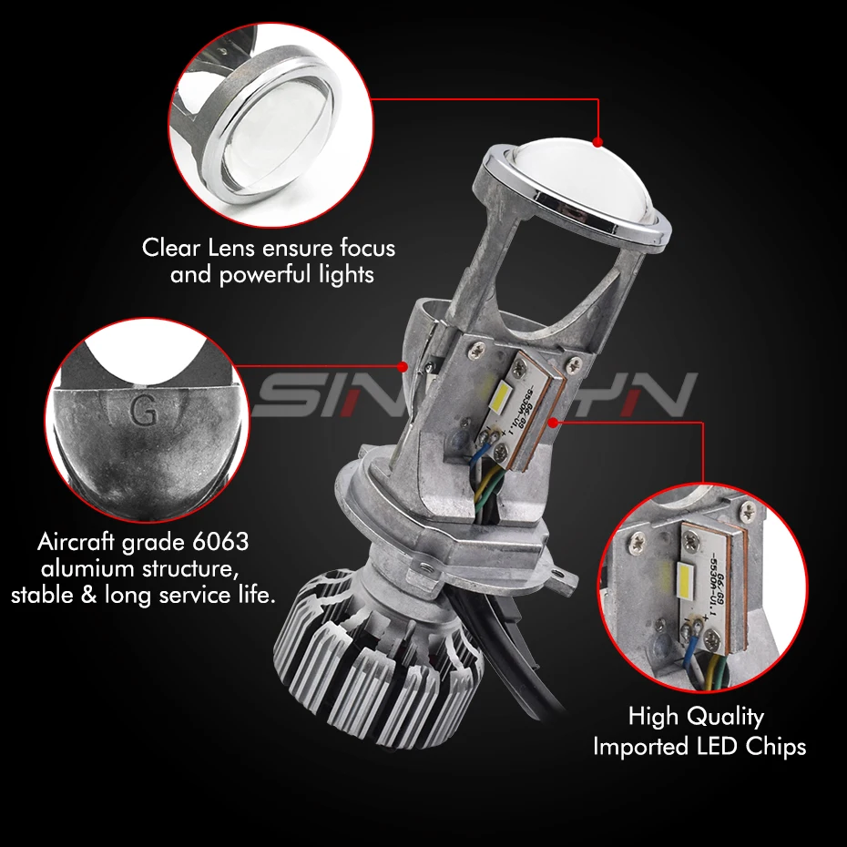  SINOLYN Bi-LED H4 9003 Car Light Projector Headlights Lens 5500K For Headlamp Retrofit DIY EMC Deco - 32905070047