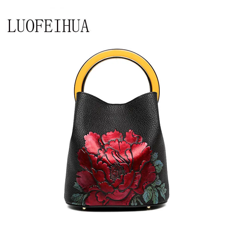 

LUOFEIHUA Leather bag 2019 new handbag Round handle leather printed fashion sloping bucket bag