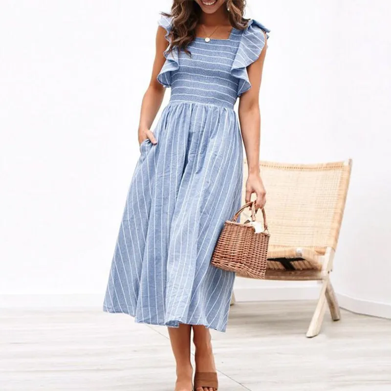 

Women Striped Summer Ruffles Dress Female Elegant Dress Beach Sundress Vestidos