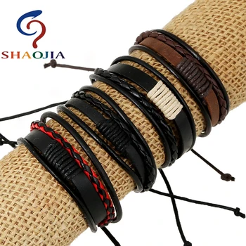 

SHAOJIA Fashion Leather Bracelet Women Men's Bracelets Popular Bangles DIY Handmade Weave Charm Black Bracelet Pulseras