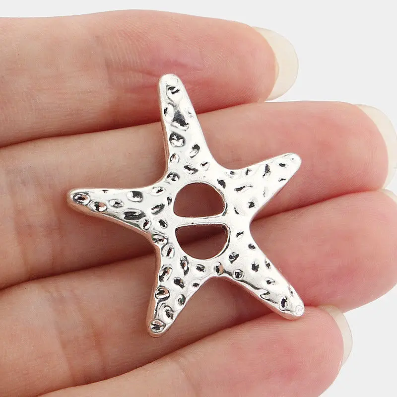 

10pcs Antique Silver Hammered Starfish Sliders For 5mm - 6mm Flat Leather Cord Jewelry Findings
