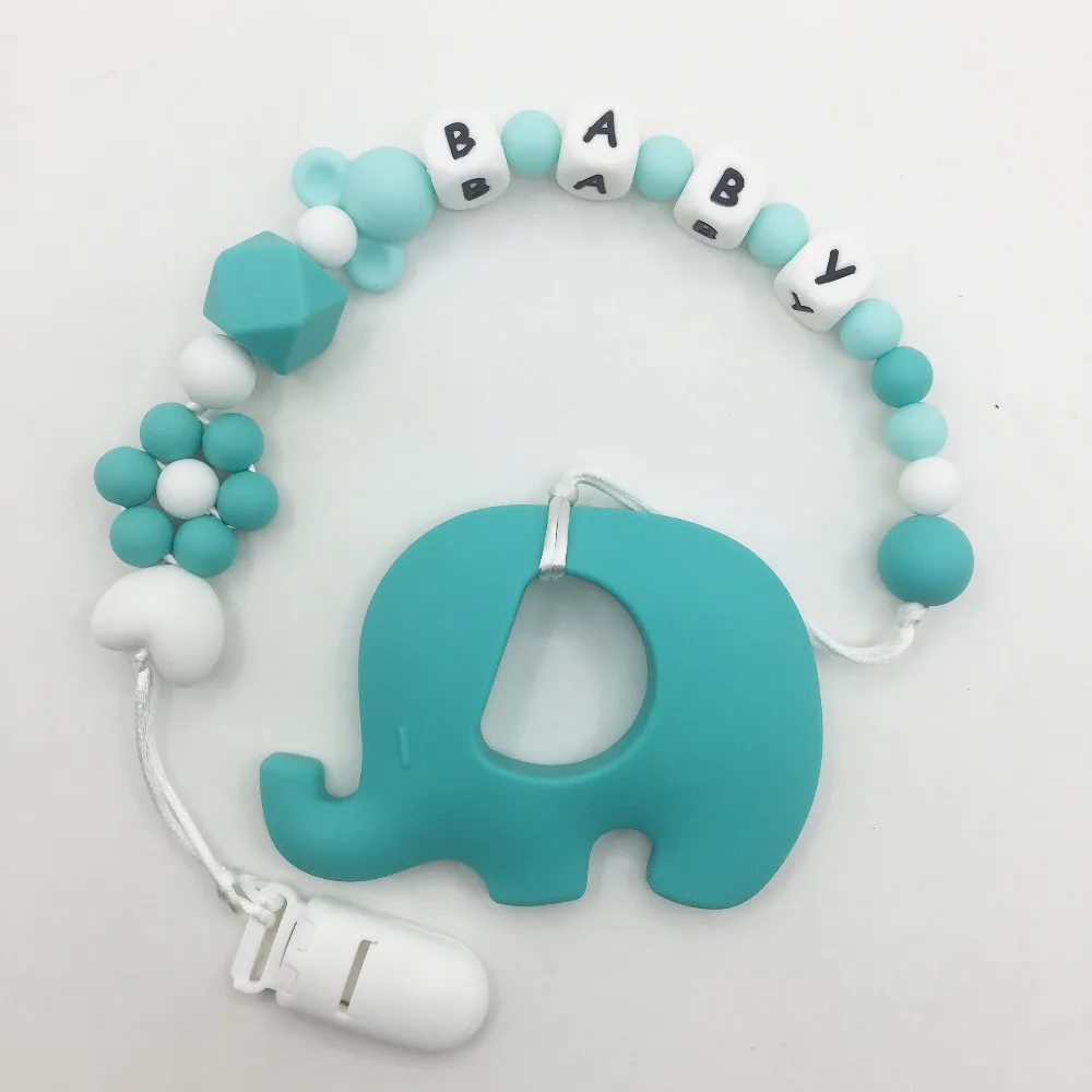 

Personalized Name Silicone Teething Pacifier Clips with New elephant Silicone teether Pacifier Chain Clip Toys for Baby Chew