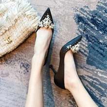 2019 Newest Crystals High Heel Shoes Women Pointed Toe Thin Heels Pumps Spring Wedding Party Shoes Black Satin Shoes Free Ship цена 2019 Newest Crystals High Heel Shoes Women Pointed Toe Thin Heels Pumps Spring Wedding Party Shoes Black Satin Shoes Free Ship цены онлайн