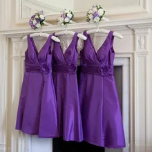2017 Hot Sale Short Purple Bridesmaid Dress V Neck Sleeveless Flower Belt A Line Knee Length Party Gowns vestidos de festa