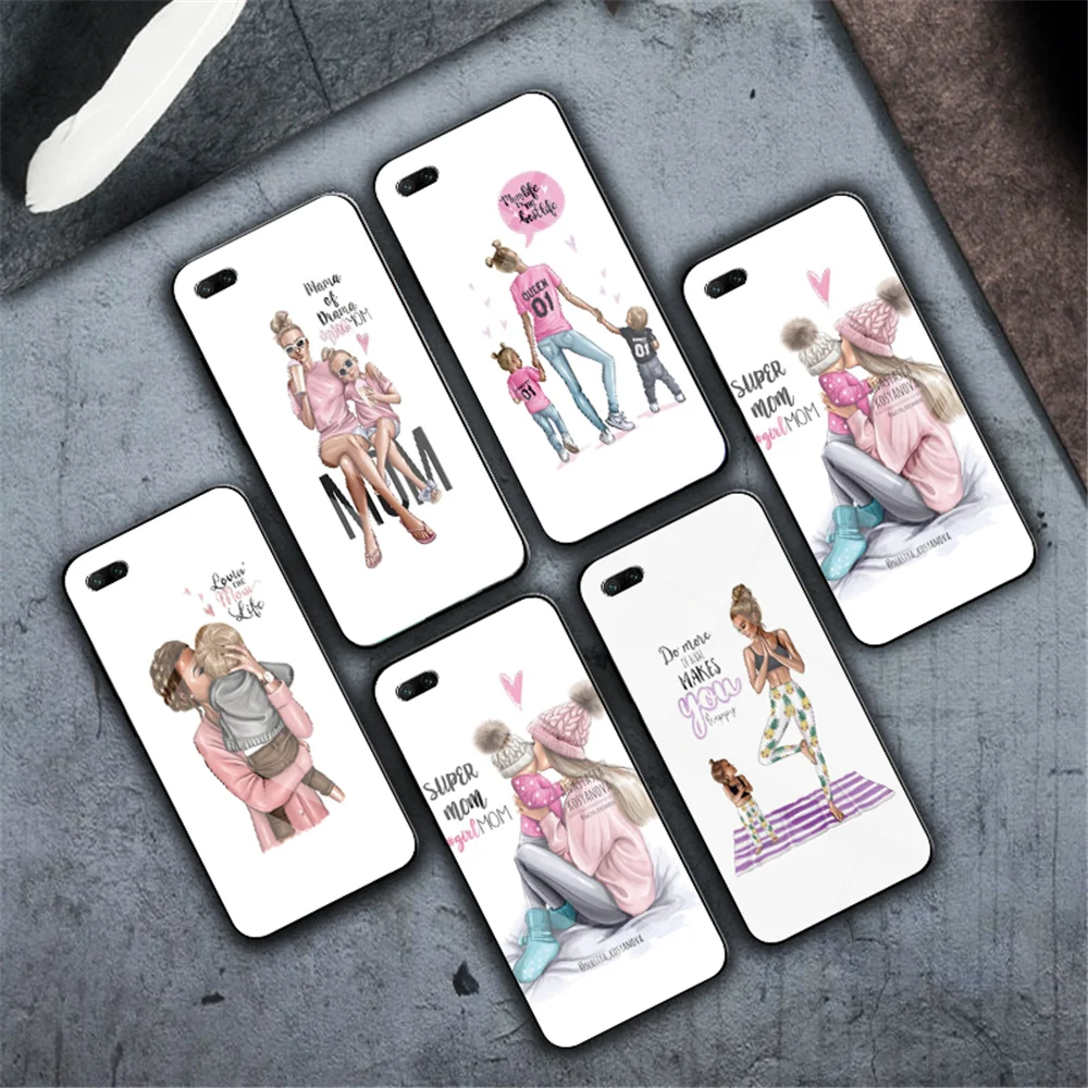 

Luxury Fashion Black Baby Mom Girl Brown Family Hair Phone Case Tempered glass cases For iphoneX 5 5S SE 6 6S 7 8 Plus XS Max XR