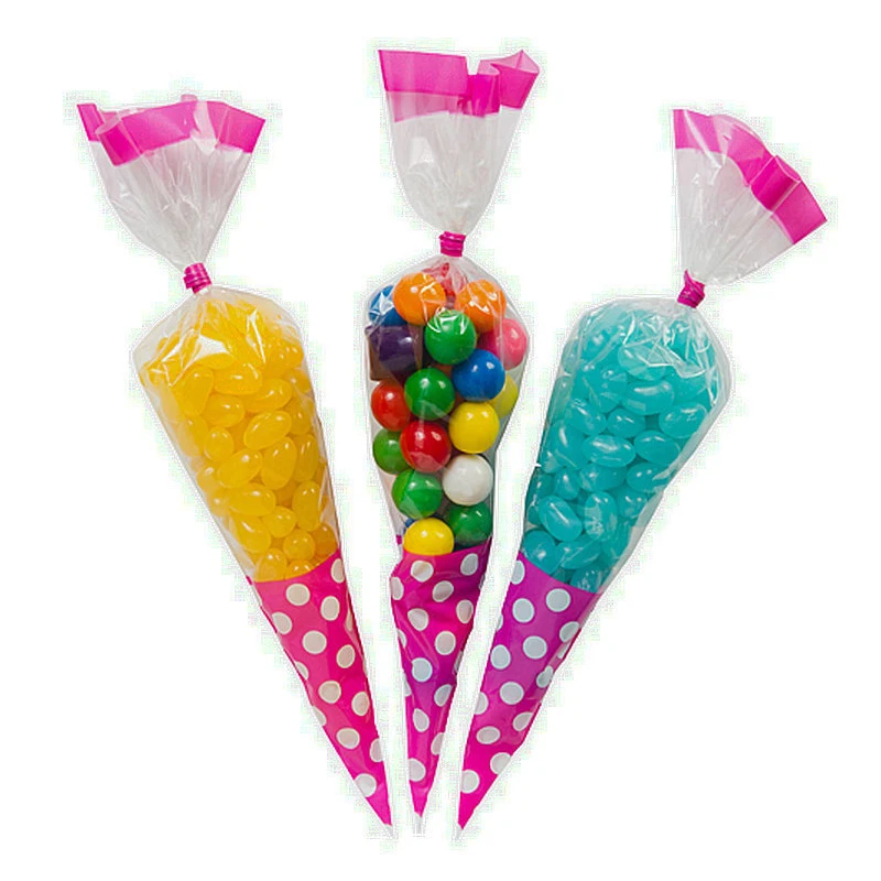 LARGE CONE BAGS /& TIES CLEAR CELLOPHANE TREAT BAGS PARTY FAVOUR KIDS SWEETS