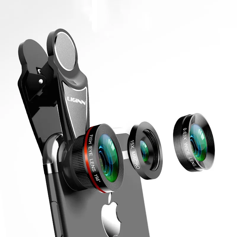 LIGINN 3 в 1 комплект для объектива камеры телефона рыбий глаз 0.63X широкоугольный 15X макро объектив для iPhone X 8 7 Plus Nokia 6 5 Мобильный объектив L-313 - Цвет: Black